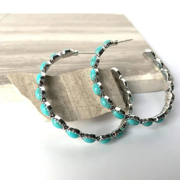 NEW ~ Free People Turquoise Stone "Buckaroo Hoops" Silver Earrings - Picture 5 of 16